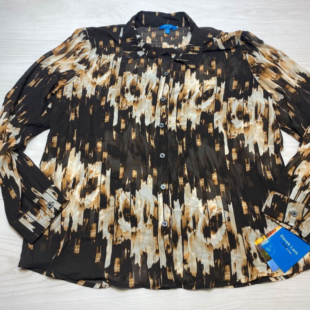 Derek Lam XL Brown Abstract Sheer Button Blouse Neutral Professional Boho Rio De